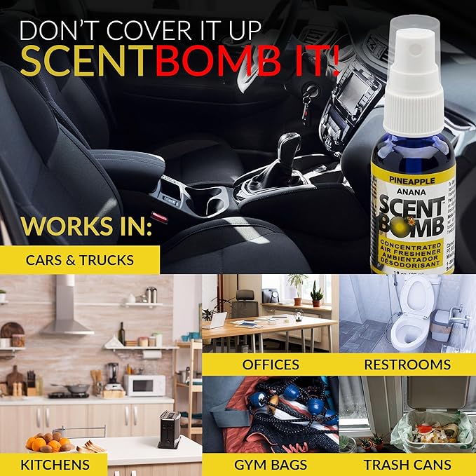 Scent Bomb Air Freshener Spray, Long-Lasting Odor Eliminator - Effective Deodorizer for Home & Car, Fresh Room Spray for Kitchen, Bathroom & Smell Neutralizer - 1 oz Pack of 4, Pineapple Scent