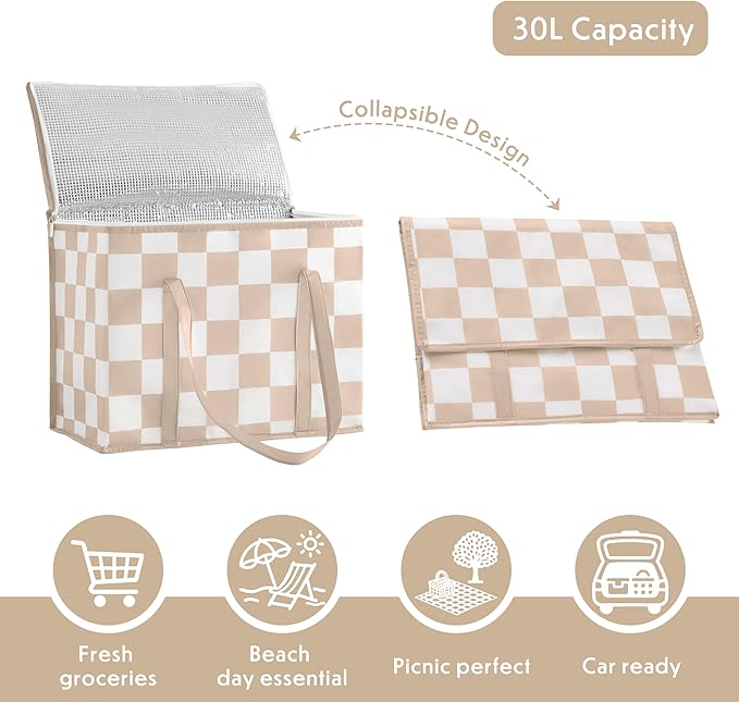 Checkered Insulated Grocery Bags 2 Pack, Checkerboard Cooler Shopping Bags for Groceries, Insulated Bags for Food Delivery