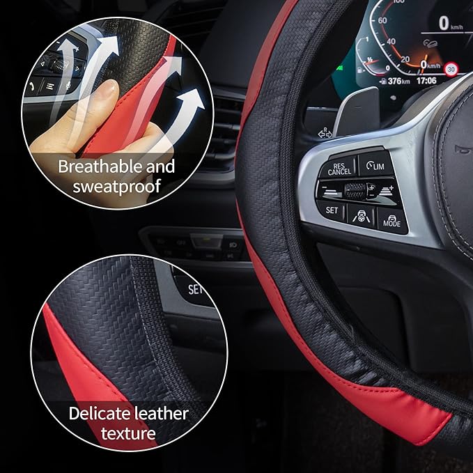 Amiss Car Steering Wheel Cover, 14.5"-15" Comfortable Anti-Slip Safety Protection Design, Microfiber PU Leather Steering Wheel Cover, Universal Fit for 95% Cars, Car Interior Accessories (Red)