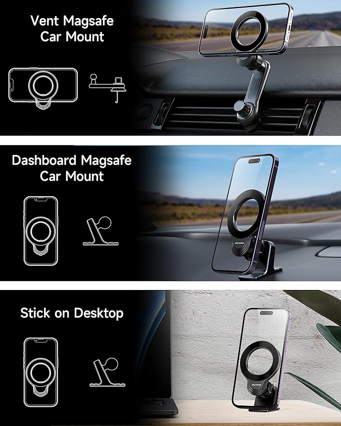 Magnetic Car Phone Mount for iPhone 15/14/13/12 Pro Max Mini & MagSafe Cases - 360 Degrees Rotation, One-hand Operation, Super Strong Magnet Force