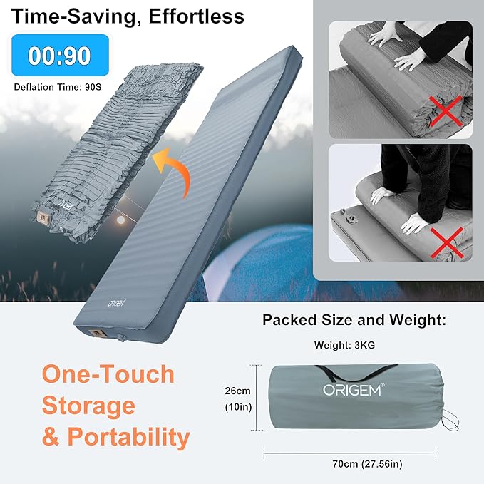 Origem Self Inflating Sleeping Pad with Electric Pump, 4" Ultra-Thick Camping Mattress, Foam Campinging Mat for Tent, Camping,Traveling and Car, Easy to Inflate and Deflate (Grey)