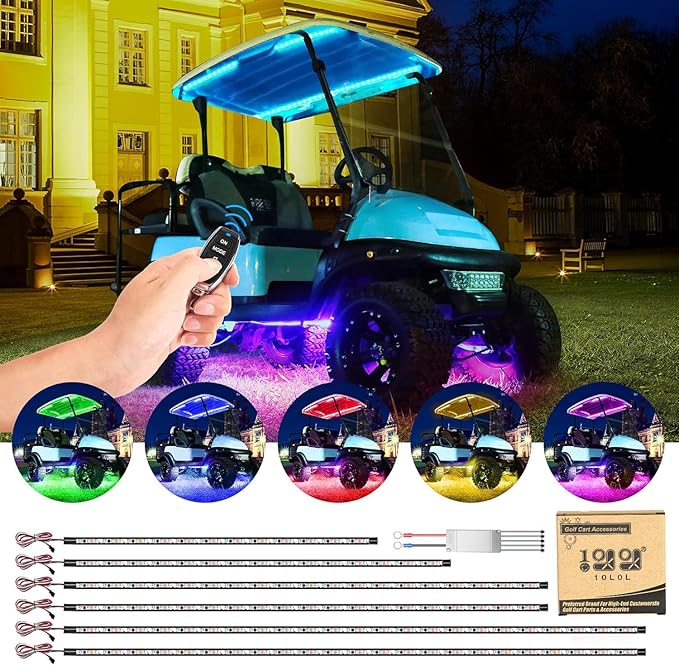 10L0L 6PCS Golf Cart Underglow LED Light Strip Kit with Canopy Lights, 22 Dream Color Modes Underglow LED Light Strip Control Music Sync IP67 12V-80V Input for Yamaha EZGO Club Car