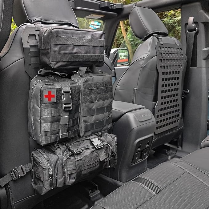 MAIKER 2pcs Tactical Seat Back Molle Panel Compatible with 2021-2026 Ford Bronco, Tactical Rigid Molle Aluminum Insert Panel with 4 Storage Bags and 10 Fastening Tape