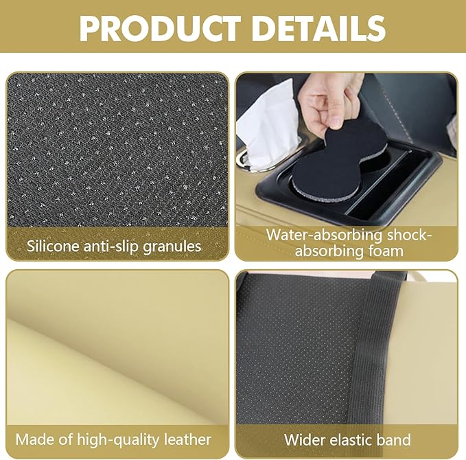 wuyaoyao Car Center Console Cover, 13.39"×8.27"×3.15" Leather Car Armrest Cover with Pocket & Tissue Box & Cup Holder, Multifunctional Auto Armrest Cushion Pad, Universal Car Accessories (Beige)
