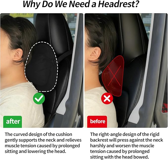 Car Headrest Pillow, Suede Car Headrest Pillow for Neck Support with Adjustable Strap, Universal Fit Head Rest Travel Pillow Car Pillow for Pain Relief (Black)