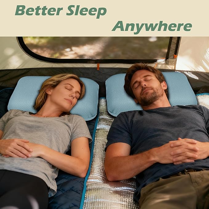 Cooling Camping Pillow, Memory Foam Travel Pillow with Adjustable Buckle Strap & Storage Bag, Compact Small Pillow for Airplane, Car Lumbar, Office, Washable Cooling Cover, Glacier Blue