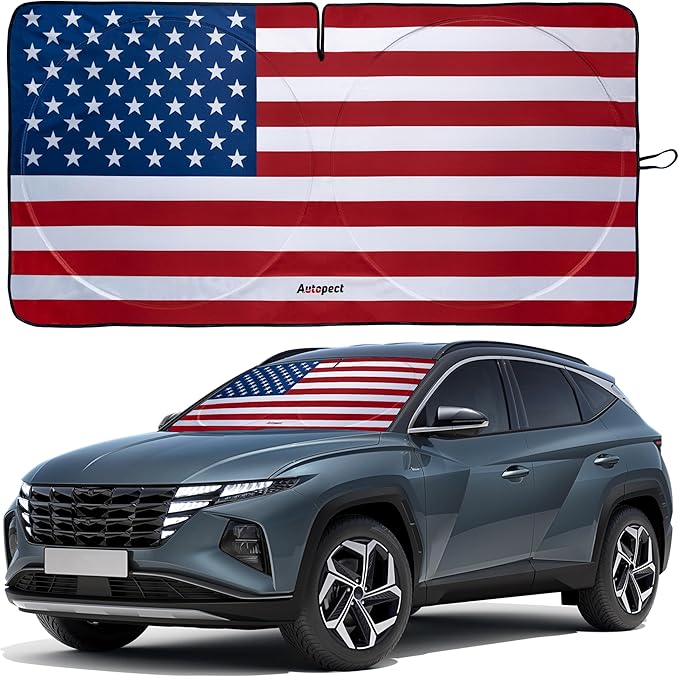 Windshield Sun Shade - American Flag Design, High-Resolution Sun Visor for Car, Truck, SUV with Mirror Cut-Out for Interior Sun Protection, Foldable Car Sun Shade (Original, Large)