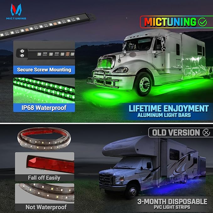 MICTUNING N8 RGBW Underglow Light Bars Specially for RVs, App/Remote Control, Aluminum Housing Waterproof, Exterior Neon Accent Underbody LED Light Strips, w/ 2PCS 11.5FT Extension Cords, 8PCS