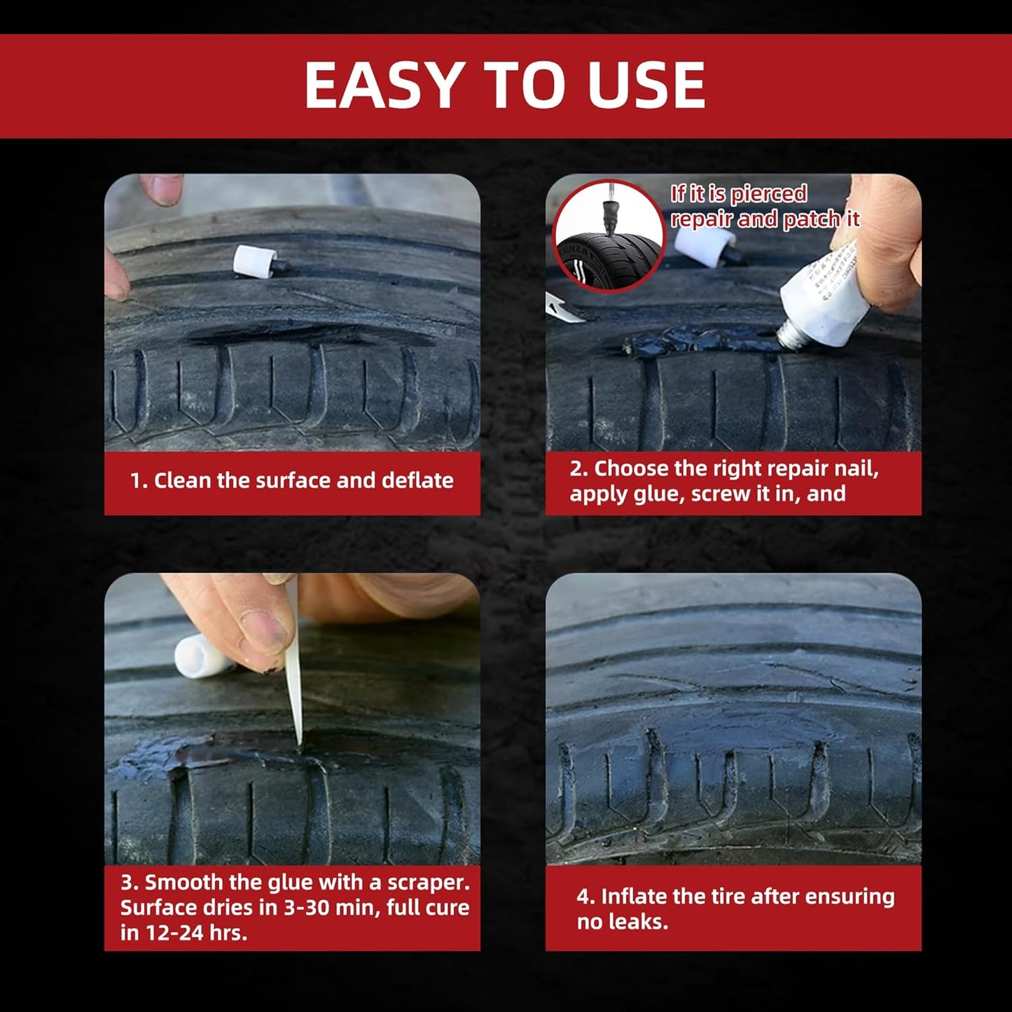Tire Repair Glue 50ml, Rubber Cement Tire Repair, Tire Plug Glue, Tire Patch Glue Heavy Duty, Three Sizes Tire Repair Nail 9 Pcs, Sidewall Tire Repair Kit for Car, Motorcycle, Bike, Truck, Tractor