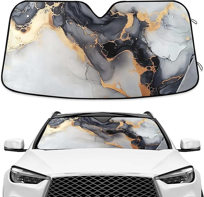 Black Marble White Gold Swirl Windshield Sunshade Car Sun Shade Front Window Shade for Truck SUV Blocks UV Rays Sun Reflector Visor Protector Accordion Folding