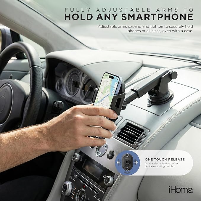 iHome Car Mount, Dashboard/Windshield/Vent Mount, Swivel Neck, Silicone Grip, Adjustable Mount Arm with Suction Cup Base (Extendable Car Mount)