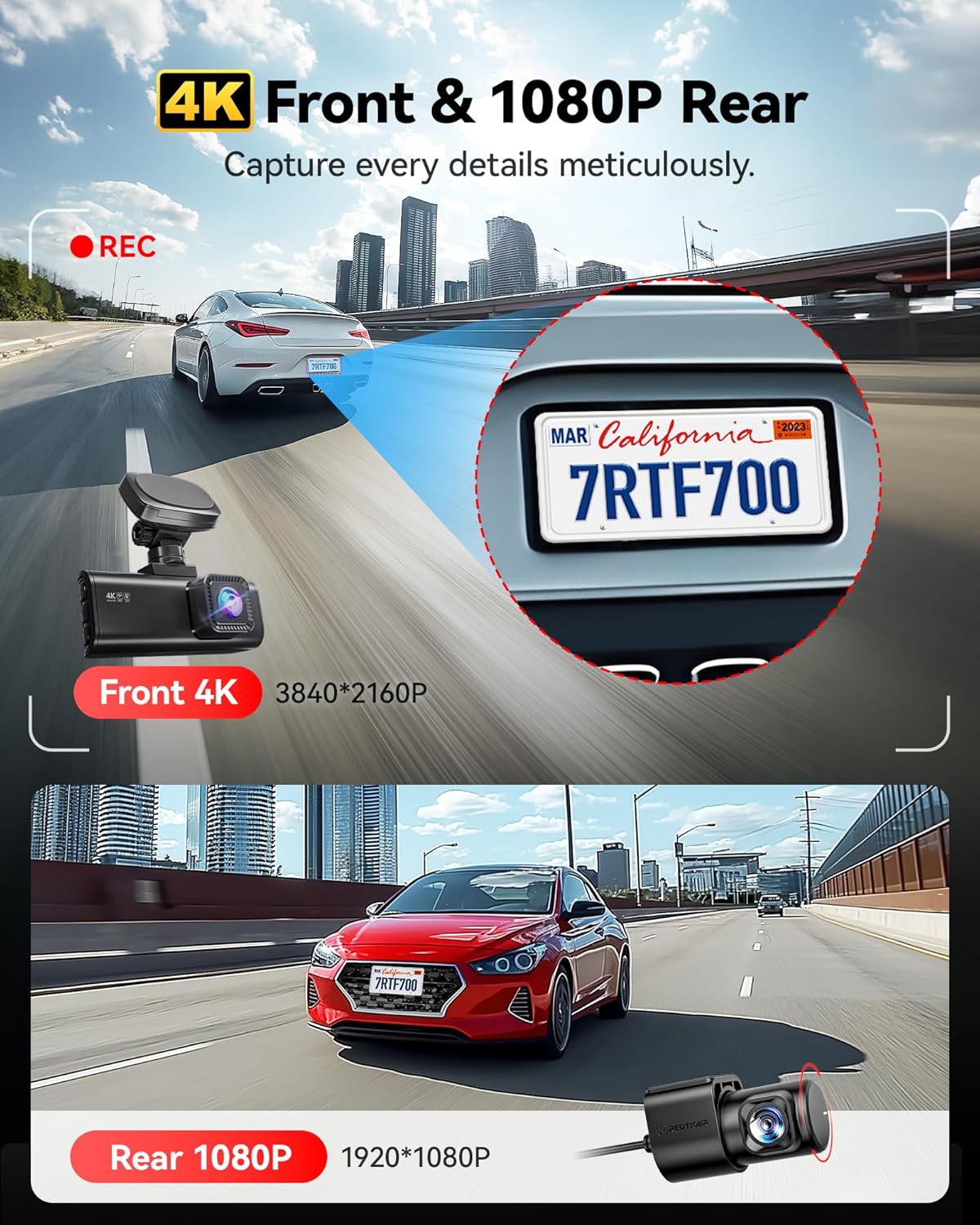REDTIGER 4K Dash Cam Front and Rear, STARVIS 2 Sensor, 64GB Card Included, 4K/2.5K+1080P Dual Dash Camera for Cars Built-in WiFi GPS, 3.18 Inch IPS Screen, 170° Wide Angle, Parking Monitor (F7N Pro)