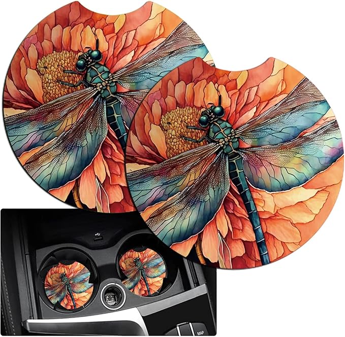 Car Armrest Cover Pads Universal Fashion Cute Auto Center Console Armrest Cover Pad with 2PCS Car Coasters Soft Waterproof Car Armrest Seat Protector for Women Girls, Dragonfly