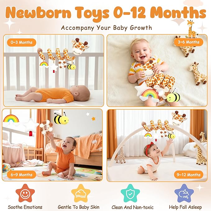 Stuffed Spiral Car Seat Baby Toys 6-12 Months, Infant Giraffe Sensory Toys Hanging Stroller Accessories, Newborn Shower Gifts for Baby Boys Girls Essentials | Cute Colorful Giraffe