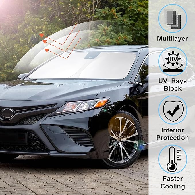 Windshield Sun Shade Custom Fit 2018-2024 Toyota Camry LE XLE Hybrid SE XSE Sedan Accessories Front Foldable Window Sunshade