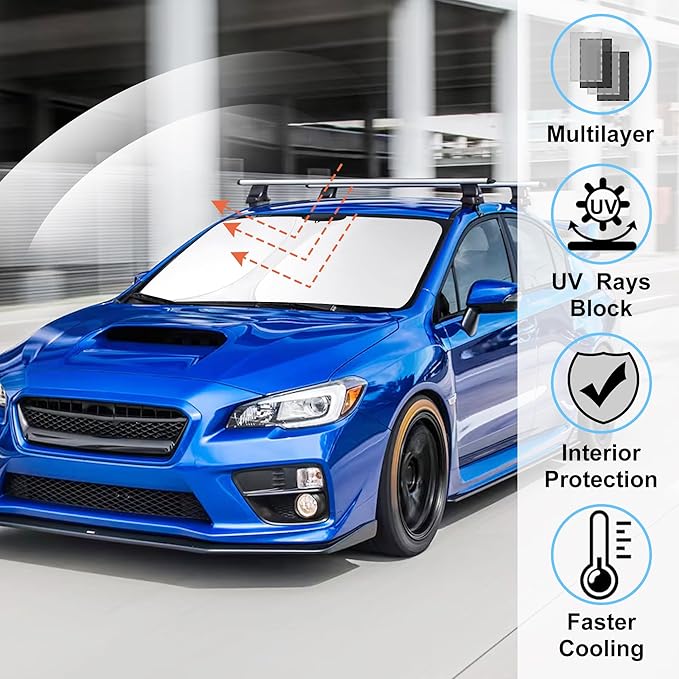 Windshield Sun Shade Custom Fit for 2008-2015 Subaru Impreza WRX/WRX STI Accessories Foldable Sunshade Sun Blocker Protect Car from Sun Rays & Heat Damage Keep Car Cooler