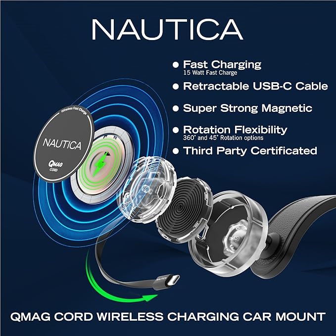 Nautica Turan QMAG Cord - Wireless Magnetic Car Charger 15W with Built-in Retractable USB-C Cable, Universal Fast Charging Phone Mount, Dashboard & Vent Mount for iPhone 17, Galaxy S25, Pixel 10