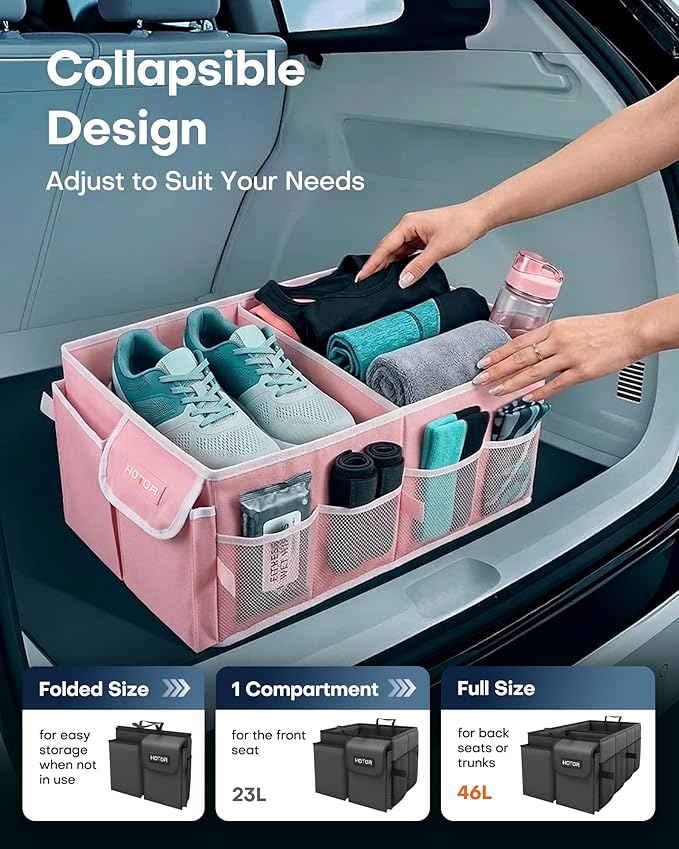 HOTOR Trunk Organizer for Car - Car Organizer, Foldable Trunk organizer for SUVs & Sedans, Sturdy Organization for Car Accessories, Tools, Sundries, Pink, 2 Compartments, 21.3"×12.6"×10.6"