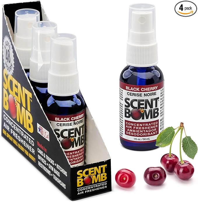 Scent Bomb Air Freshener Spray, Long-Lasting Odor Eliminator - Effective Deodorizer for Home & Car, Fresh Room Spray for Kitchen, Bathroom & Smell Neutralizer - 1 oz Pack of 4, Black Cherry Scent
