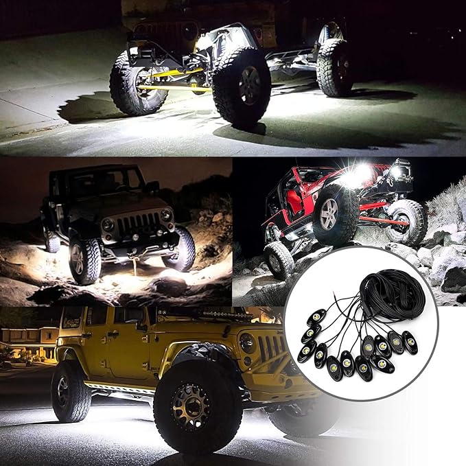 OPP ULITE White LED Rock Lights Kit, 12 Pods Underglow for Jeep Offroad Truck Car ATV SUV Boat Motorcycle Vehicle Under Body Glow Lamp Trail Fender Lighting (12pods Rock W)