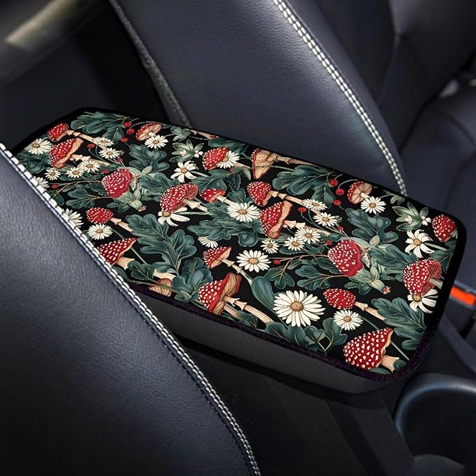 UNICEU Mushroom Daisy Print Car Decorative Armrest Cover Pad Soft Neoprene Car Center Console Armrest Cover Universal Fit Trucks SUV Van