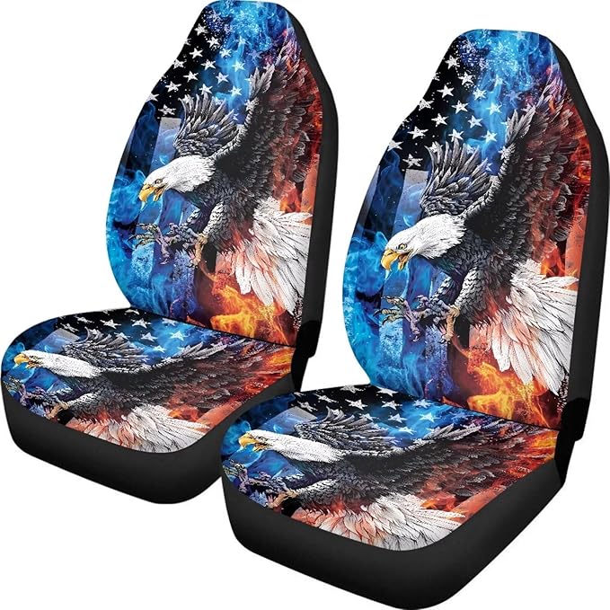 ELEQIN Smoke Eagle US Flag Car Front Seat Covers, 2 Pack Polyester Automotive Seat ProtectorsSoft & Breathable, Automotive Interior Accessories for Most Cars