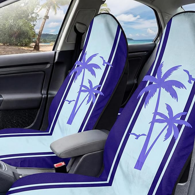 2 Pack Car Seat Towel Covers, Sweat Protector for Front Seats, Premium Thickened Microfiber with Elastic Strap, Breathable & Quick Dry, Machine Washable Cover for Gym Running Universal Fit Palm Tree
