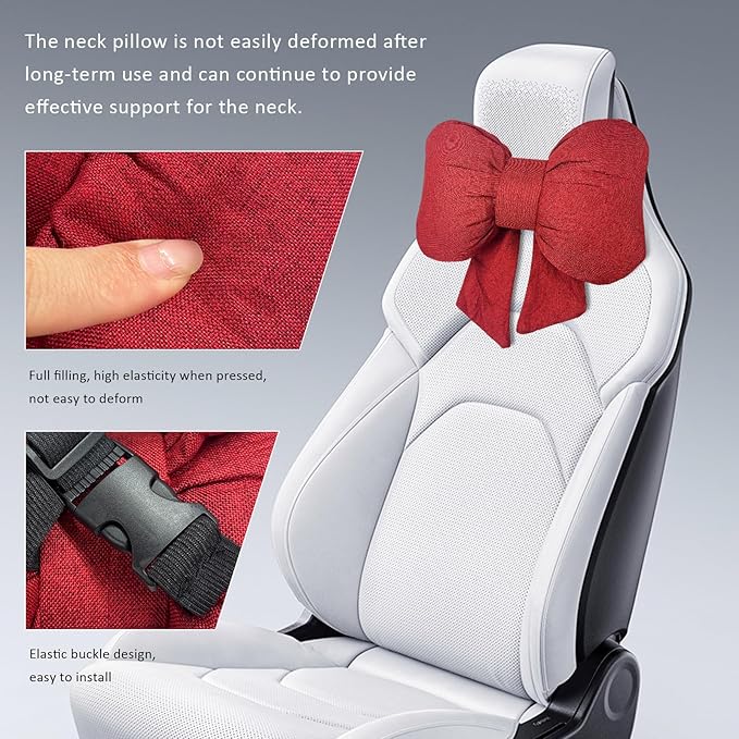 Sun Walker Bow Car Headrest Pillow, Breathable Bow-Shaped Vehicle Neck Pillow with Adjustable Strap, Ergonomic Neck Support Cushion Driving Seat Decoration for Women Girls (Red)