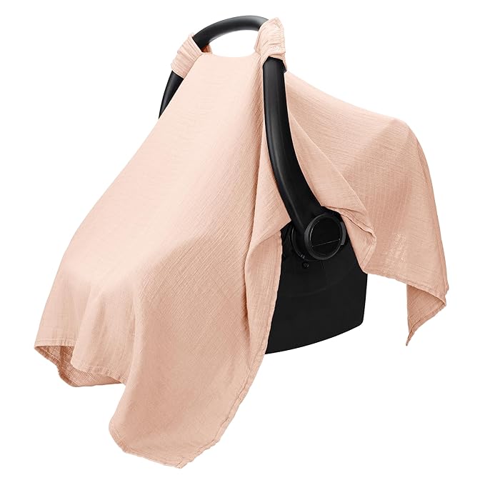 Comfy Cubs Baby Car Seat Cover - Soft, Breathable Bamboo Rayon and Muslin Cotton Blend - Lightweight Canopy for Sun, Bug, and Comfort Protection - Large Size Infant Seat Cover in Blush Design