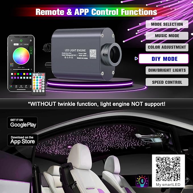 16W LED Starlight Headliner Kit, Star Lights for Car Roof&Home Decoration, Fiber Cable 650pcs*0.03in*13.1ft RGBW Star Light Headliner with Bluetooth APP/Remote Control/Music Mode