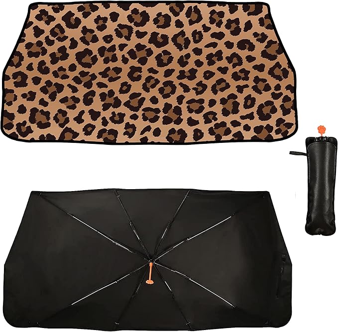 Socira Leopard Print Car Windshield Sunshade Umbrella, 57" x 30", Blocks UV Rays, Keeps Car Cool, Foldable, Compatible with Most Cars, Trucks, SUVs