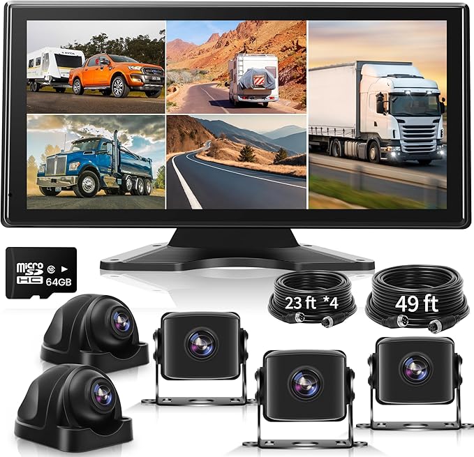 10.36" Wired Backup Camera System for Truck RV Trailer, 5 Channel Dash Cam with 5 1080P Cameras, Touch Screen Monitor, No Delay Signal, DVR Loop Recording, Smart BSD Alerts, IP69 Waterproof, 64GB