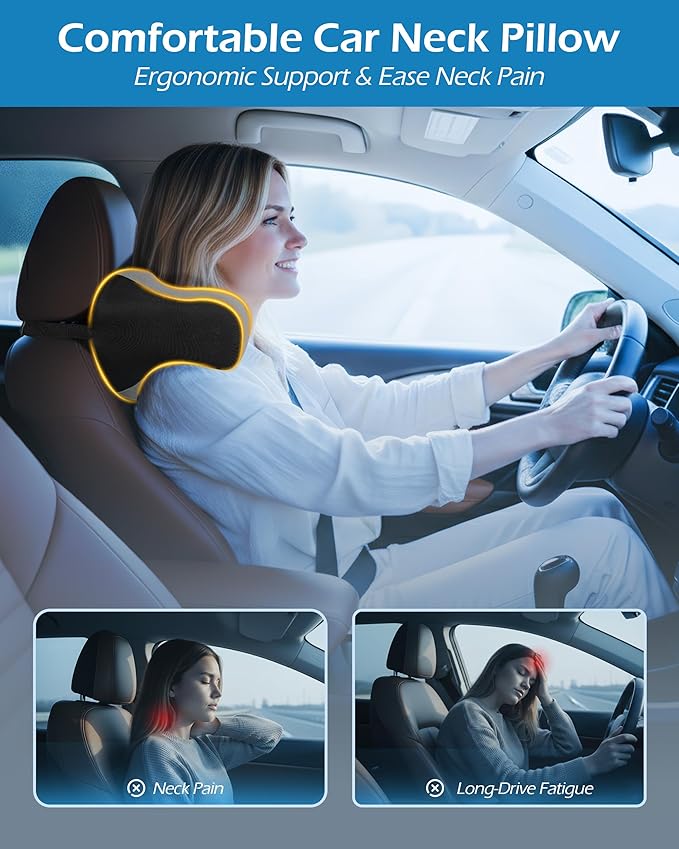 Car Neck Pillow: 2 Pack Ergonomic Memory Foam Headrest Pillow for Driving, Adjustable Neck Support Cushion for Pain Relief, Head Rest Pillows for Car Seat, Truck - Gray & Black