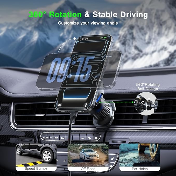 Esoulk [2026 Upgraded] Qi2 25W Fast Wireless Car Charger with Active Cooling Fan for Heat Protection, MagSafe Compatible Magnetic Air Vent Mount with Locking Clip, Phone Holder for iPhone & Android