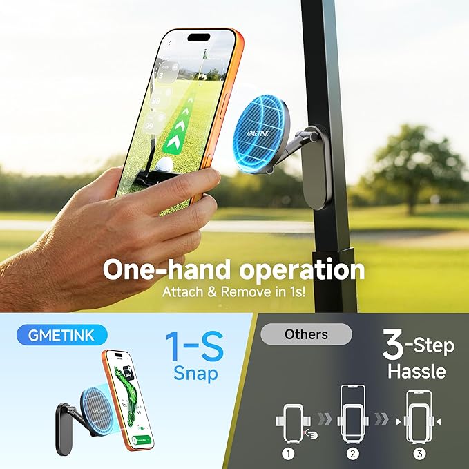 Upgraded Magnetic Golf Cart Phone Holder, Two-Fold 360° Rotating, Compatible for MagSafe iPhone or Samsung Android Devices, Golf Cart Accessory Fits EZGO Club Car Yamaha Gifts
