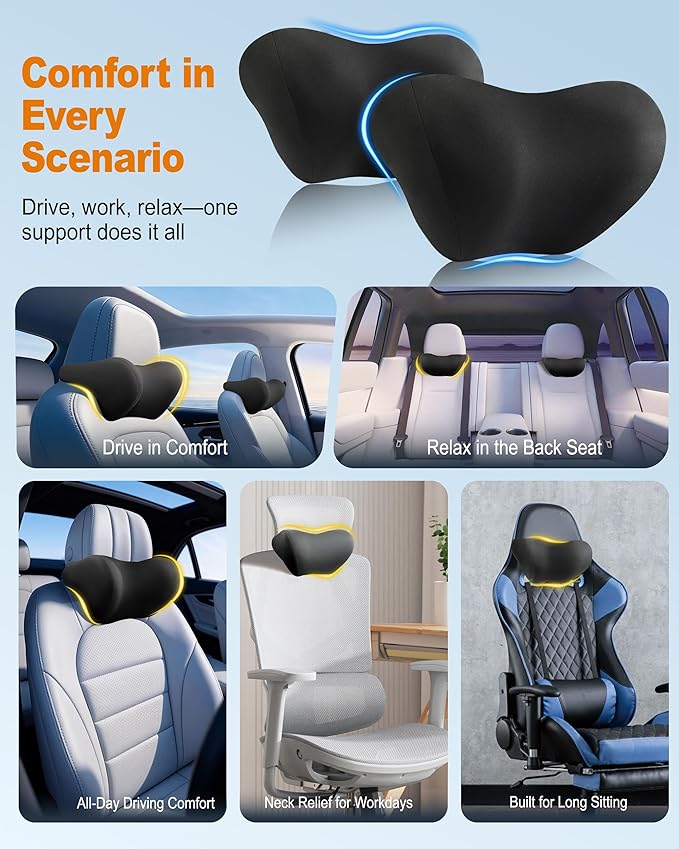 2-Pack Car Neck Pillow: Ergonomic Memory Foam Car Headrest Pillow, Neck Support Pillow for Long Drives, Headrest Support Cushion for Pain Relief, Universal Fit for Cars, SUVs & Trucks – Black