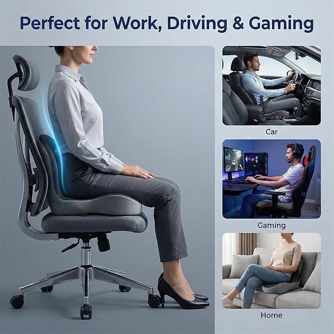 Seat Cushion Memory Foam with Ergonomic L-Shaped Extra Wide Support for Lower Back Relief, Comfort Cushion for Office Chair, Car Seat & Gaming Seat, Helps Sciatica Pain, Posture Improvement (Gray)