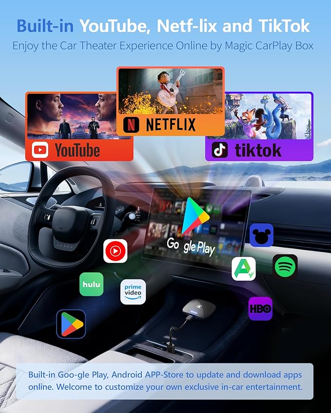 2026 Magic Box 3.0 CarPlay Android Auto & Wireless Carplay Adapter Dual WiFi + 4G Split-Screen & Cast Mirroring Screen Supports Play-Store Dowanlaod Any App for OEM Wired Car Play