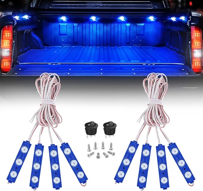 Nilight 8PCS Truck Pickup Bed Light 24LED Blue Cargo Rock Lighting Kits with Switch for Van Off-Road Under Car Side Marker Foot Wells Rail