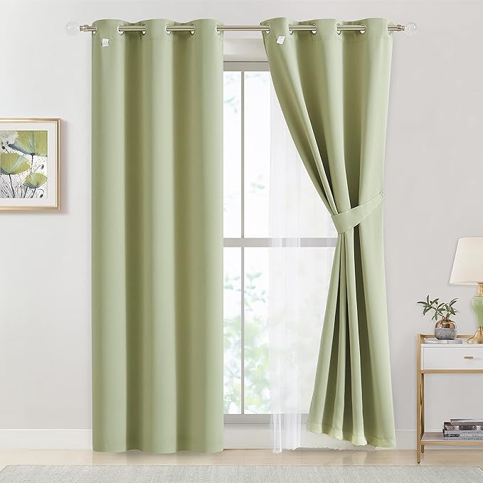 Bujasso Sage Green 90% Blackout Curtains with Sheer Overlay Mix and Match Double Layer Thermal Insulated Window Panels 63 inch Living Room Bedroom Green Drapes with Tiebacks Grommet Top 37" Wx63 Lx2