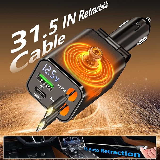 [Apple MFi Certified] Retractable Car Charger USB C, Braveridge 120W USB C Car Charger 4 in 1 PD/QC Type C Fast Charge Cigarette Lighter Adapter for iPhone 17/17 Pro Max/16 Pro/15/Galaxy S26/S25/Pixel