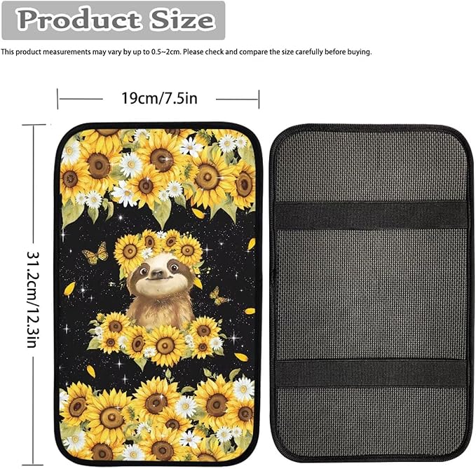 Suobstales Sloth Sunflower Daisy Butterfly Print Car Armrest Pad Soft Center Console Arm Rest Protector Cover Universal Car Interior Accessories Decoration