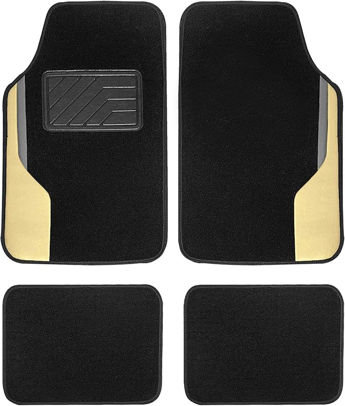 FH Group Color-Block Carpet Car Floor Mats – Non-Slip, Faux Leather Accents, Universal Fit for Sedan, SUV & Truck – Full Set Beige