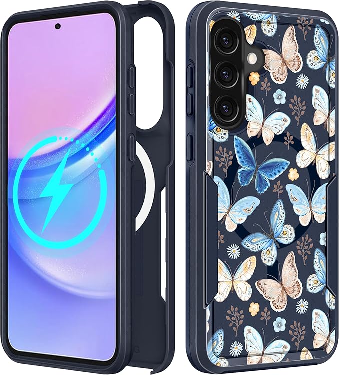 for Samsung Galaxy A36 5G Phone Case - Compatible with MagSafe Women Girls Cute Magnetic Protective Cover Girly Blue Butterfly Heavy Duty Shockproof Design for Samsung A36 5G Cases 6.7"