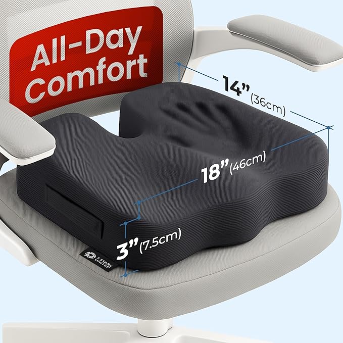 5 STARS UNITED Seat Cushion - Memory Foam Chair Cushion for Tailbone Pain Relief - Ergonomic Support for Coccyx, Sciatica & Butt - Office, Desk & Gaming Chair, Car Seat, Wheelchair, Airplane, Black