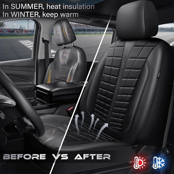 CAR PASS 3D Air Mesh Seat Covers for Car, Leather Car Seat Cover Front Seats, Breathable Foam Premium Leather Mesh Front Seat Covers Universal Fit for Cars Sedans Trucks Vans SUVs, All Black