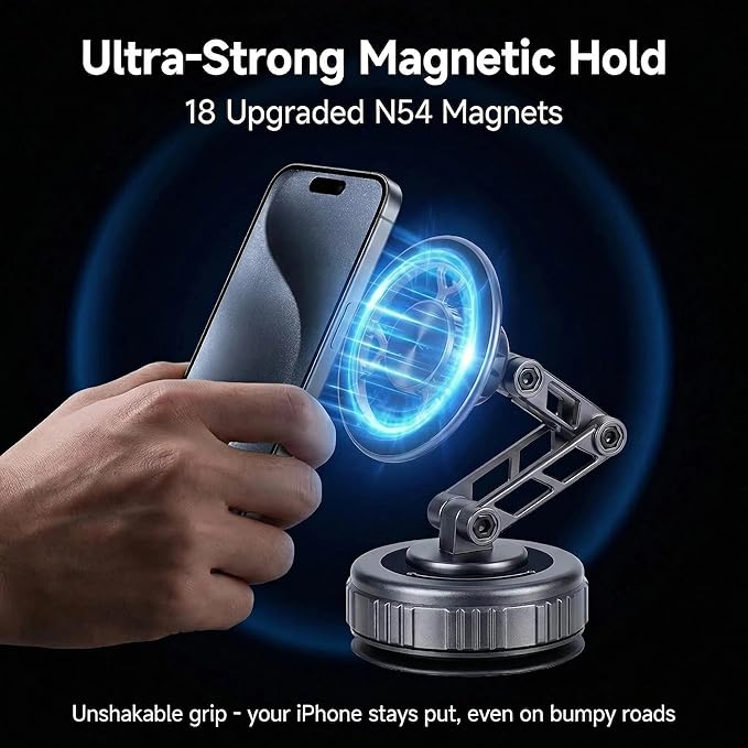 Vacuum Suction Car Phone Mount [80LBS Strong Suction & 3-Section Long Arm] Magnetic Dashboard Holder for Car, 360° Rotation Stand with Metal Ring for iPhone 17 16 15 14 13, Samsung & All Phones