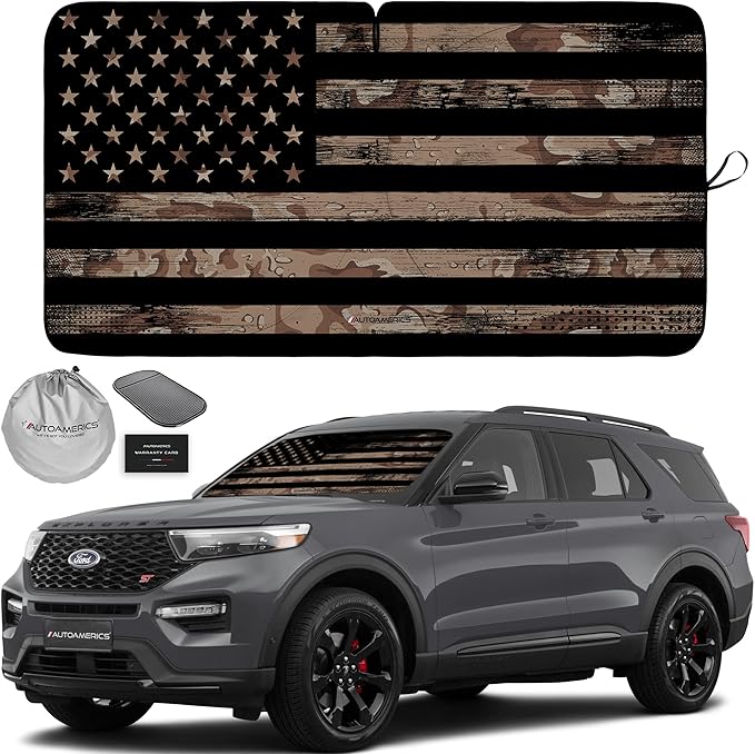 Autoamerics 1-Piece Windshield Sun Shade Brown Camo American Flag USA Design - Foldable Car Front Window Sunshade for Most Sedans SUV Truck - Blocks Max UV Rays and Keeps Your Vehicle Cool - Medium