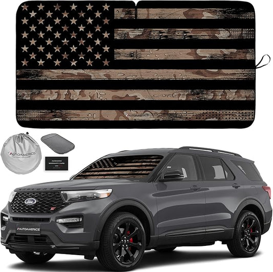 Autoamerics 1-Piece Windshield Sun Shade Brown Camo American Flag USA Design - Foldable Car Front Window Sunshade for Most Sedans SUV Truck - Blocks Max UV Rays and Keeps Your Vehicle Cool - Medium