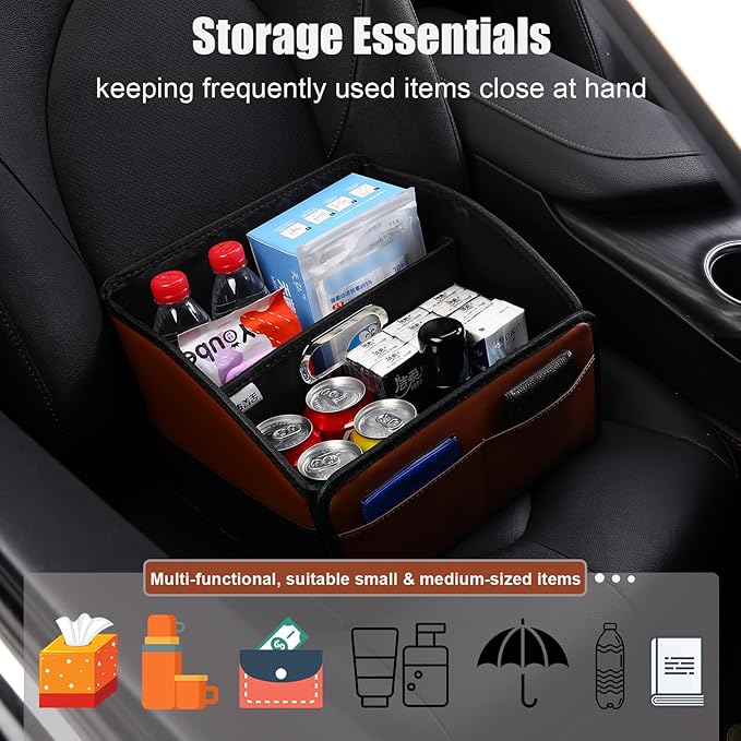 [2025 UPDATED] Leather Car Seat Organizer, Foldable Storage Box for Front Seat, Back Seats & Floor – Removable Divider, Metal Handle, Adjustable Anti-Slip Strap for Kids & Adults (Black & Brown)